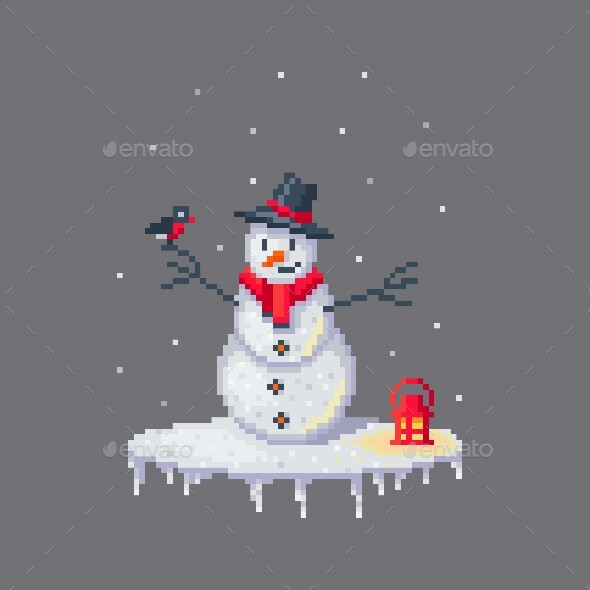 Pixel Art Snowman in Hat, Vectors | GraphicRiver